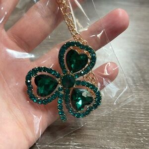 Heart Crystal Rhinestone Clover Pendant Necklace St. Patrick’s Costume Jewelry